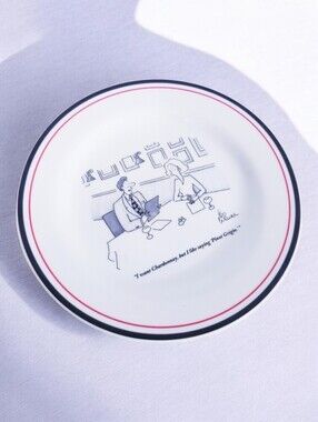 Restoration Hardware Cheese Plate 8" New Yorker Wine Cartoon White Collectible